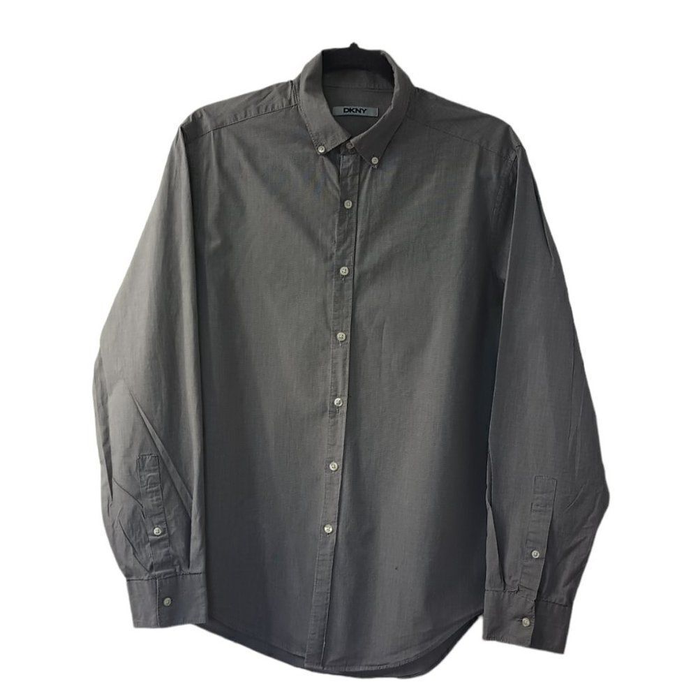 DKNY Mens Dress Shirt Woven Grey Slim Fit with Stretch Size Medium